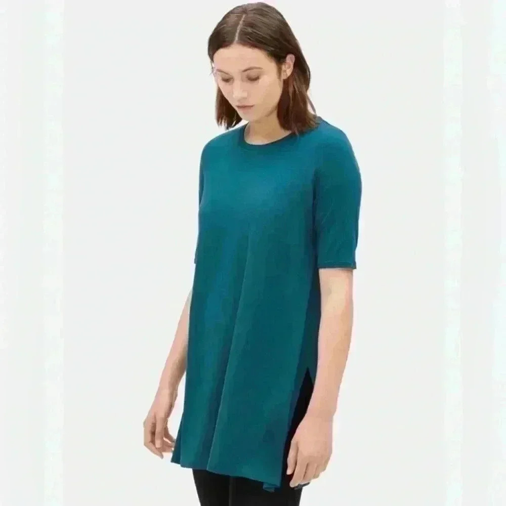 Eileen Fisher Womens Tencel Jersey Elbow-Sleeve Tunic Size Large Blue/Greenish